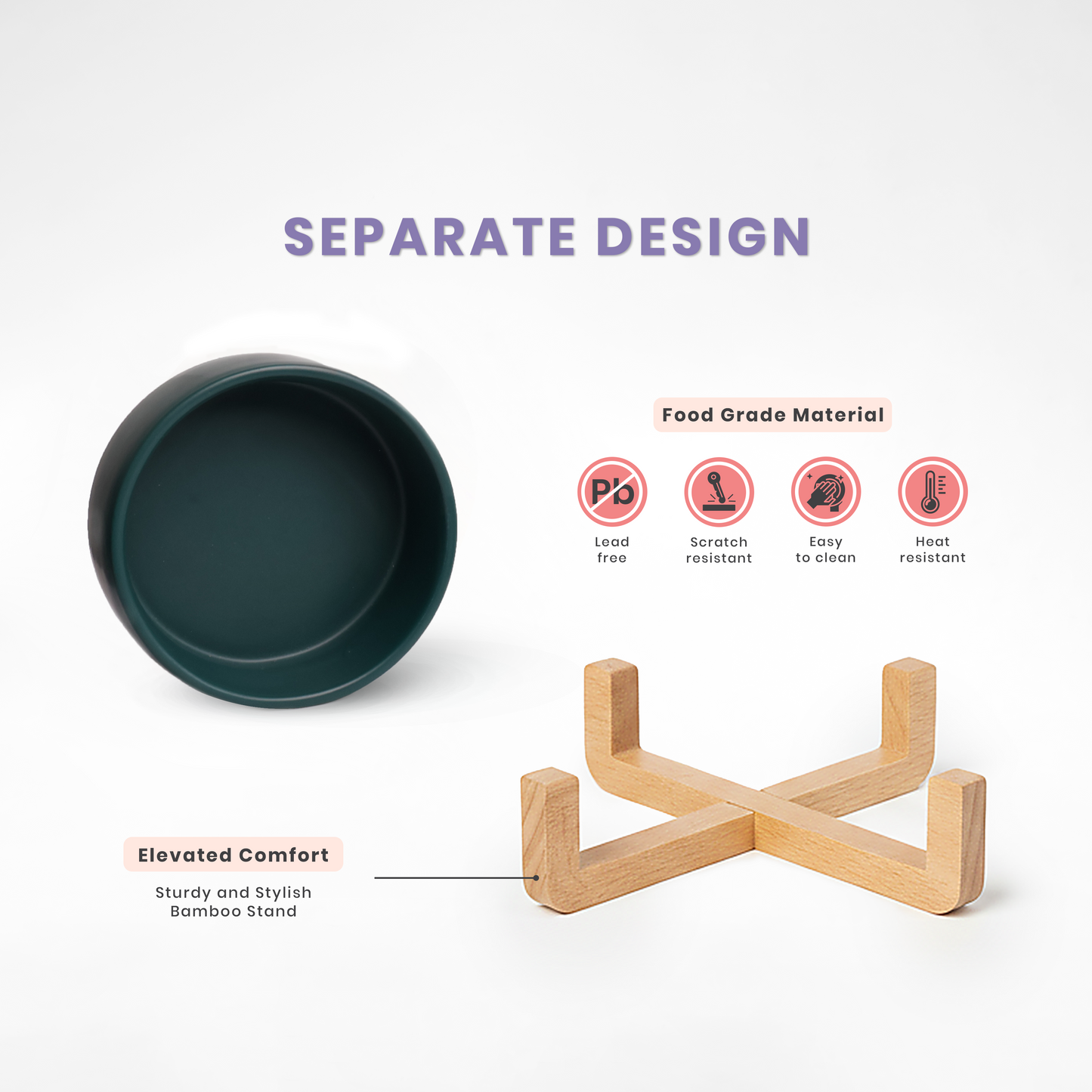 Ceramic Pet Bowl with Bamboo Stand - Grey