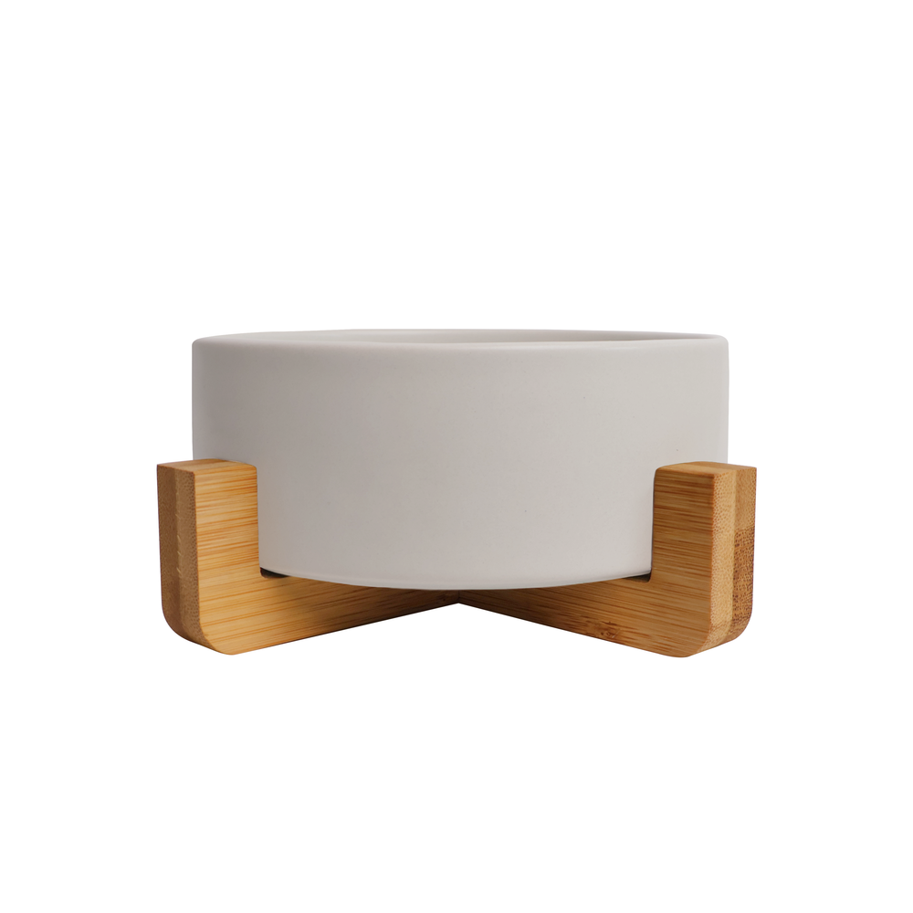Ceramic Pet Bowl with Bamboo Stand - Grey