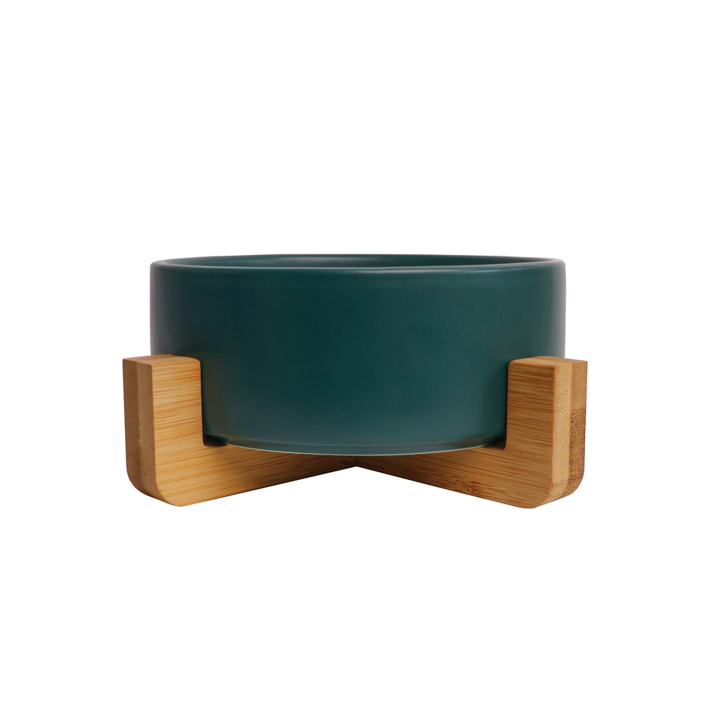 Ceramic Pet Bowl with Bamboo Stand - Green