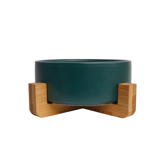 Ceramic Pet Bowl with Bamboo Stand - Green