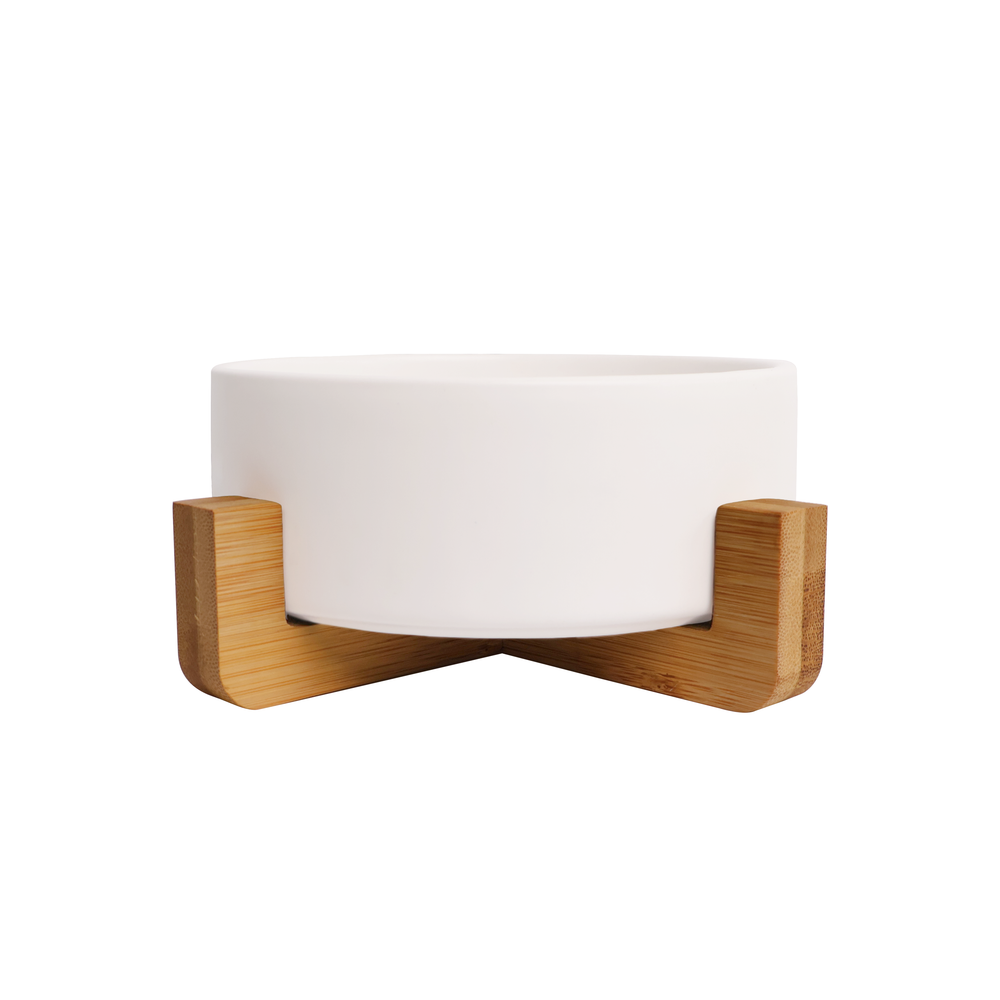 Ceramic Pet Bowl with Bamboo Stand - White
