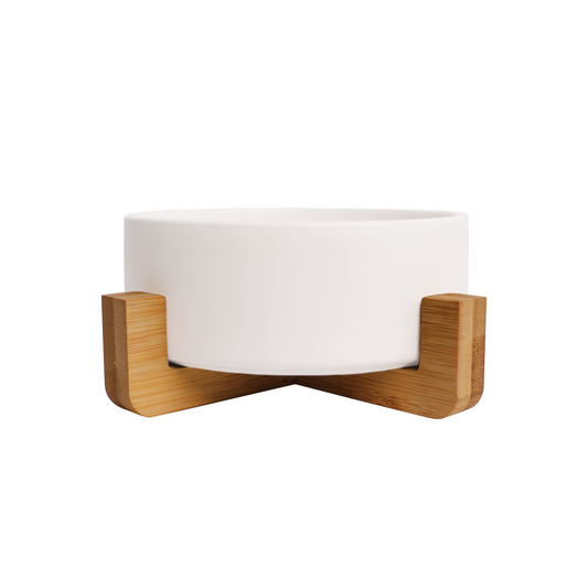 Ceramic Pet Bowl with Bamboo Stand - White